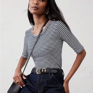 Banana Republic Ribbed Elbow-Sleeve T-Shirt, Navy Mini Stripe, Large